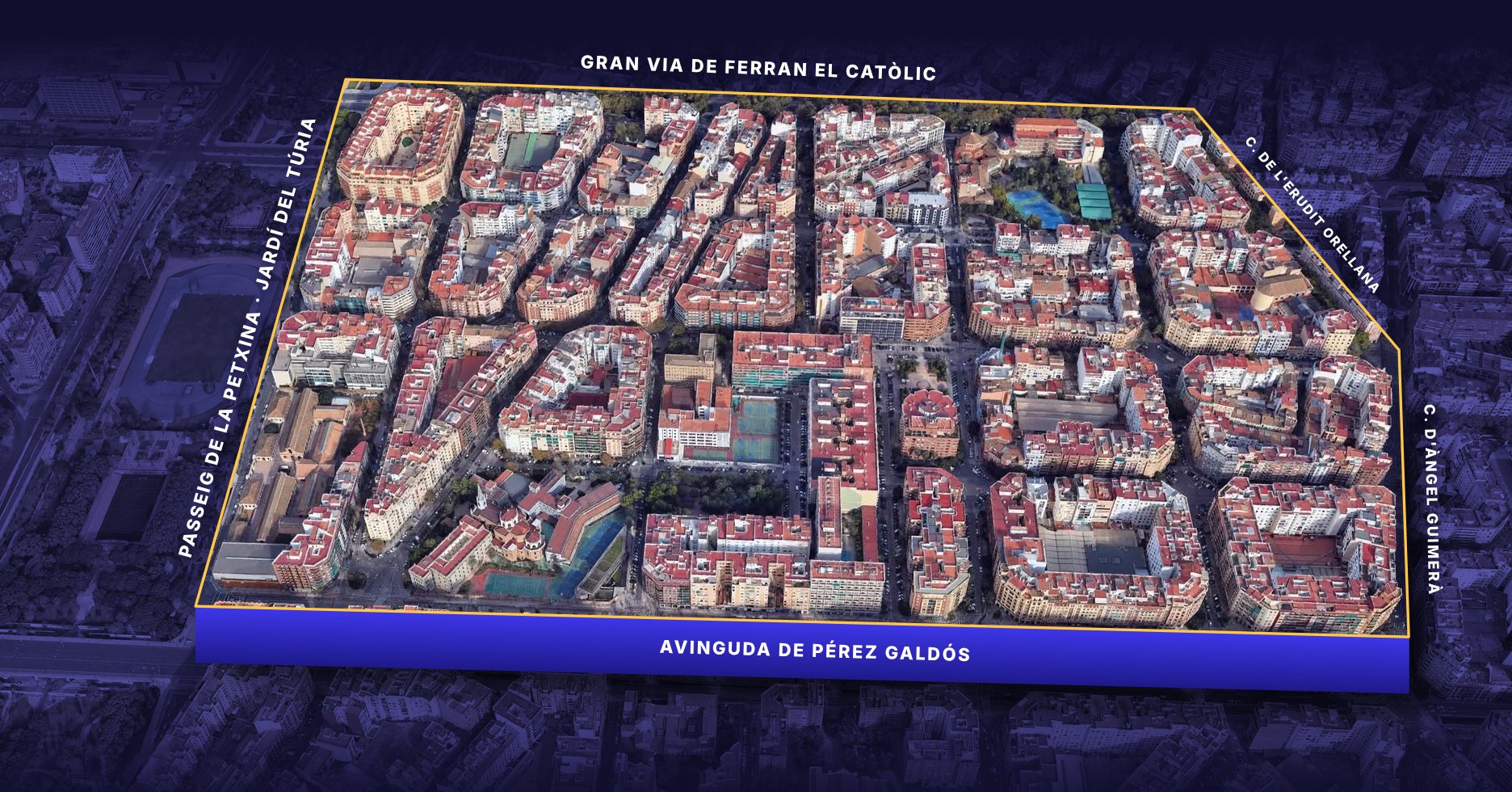 Vista aèria en 3D del barri de La Petxina amb els carrers que el delimiten